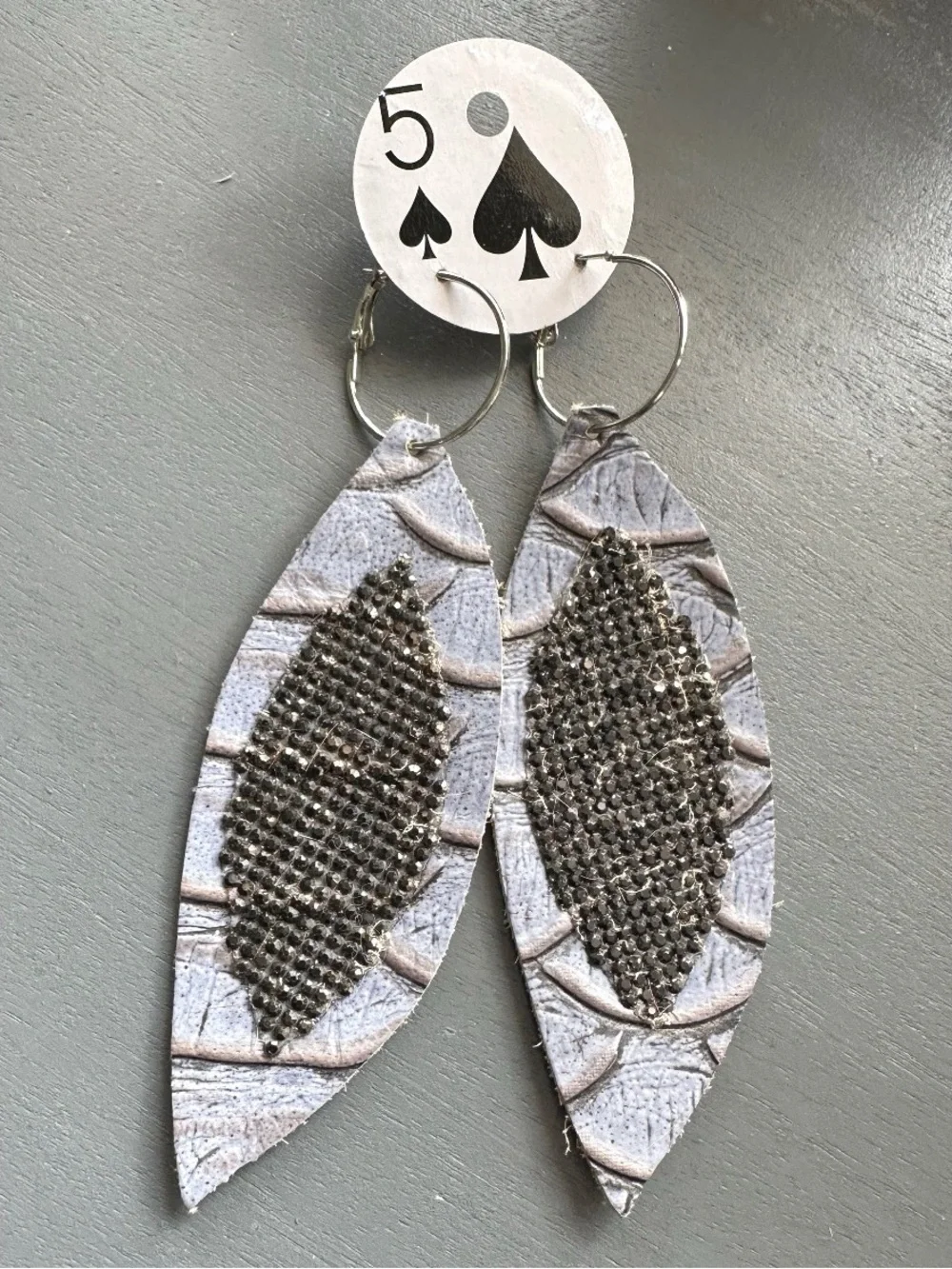 Sandra Ling Gray earrings, pinched leaf design tooled leather
